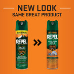 Graphic showing old and new Repel Sportsmen Max can designs side by side on an orange background with text about new look