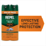 Two-pack Repel Sportsmen Max aerosol cans with green caps and orange label reading 40% DEET and value pack banner