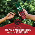 Hand passing a green and red Repel Tick Defense spray can to another hand over a blurred green outdoor background and 10-hour claim