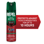 Green and red Repel Tick Defense aerosol can with graphic panel stating protects against ticks & mosquitoes up to 10 hours
