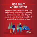 Red instruction panel titled Use Only As Directed with directions to hold container 6-8 inches from skin and a small camping illustration