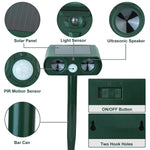 Labeled close-up diagram of repeller showing solar panel, PIR sensor, speakers, on/off and mounting holes