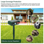 Ultrasonic animal repeller shown in lawn with range visualization and circular animal close-ups