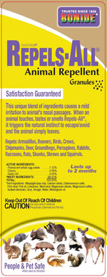 Close-up of product label featuring 'Repels-All Animal Repellent' branding, ingredient list and animal images