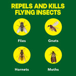 Yellow icons on green background showing flies, gnats, hornets and moths with header 'Repels and Kills Flying Insects'