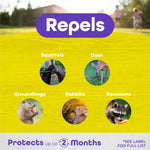 Yellow graphic titled 'Repels' with circular photos of squirrels, deer, groundhogs, rabbits and raccoons