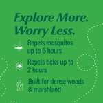 Green informational graphic stating ‘Explore More. Worry Less.’ with claims about repelling mosquitoes up to 6 hours and ticks up to 2 hours.