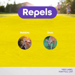 Yellow infographic panel labeled 'Repels' with circular images of a rabbit and a deer on a textured background