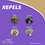 Purple infographic panel titled 'REPELS' with circular images of moles, squirrels, gophers and chipmunks