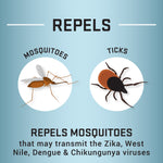 Informational graphic showing stylized mosquito and tick icons with text that the product repels mosquitoes and ticks