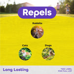 Yellow infographic panel titled 'Repels' with round images of a rabbit, cat and dog and 'Long Lasting' text