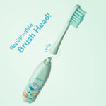 Detached mint brush head hovering above an Ordo toothbrush handle with text calling out ‘Replaceable Brush Head’ and twist instruction