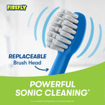 Close-up of a replaceable blue toothbrush head with motion lines and 'Powerful Sonic Cleaning' text