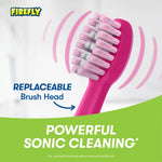 Close-up of a replaceable pink brush head with illustrated sonic vibration lines and 'powerful sonic cleaning' text