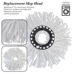 Replacement mop head product image with callout boxes and machine-washable icon on white background.