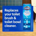 Graphic panel stating it replaces a toilet brush with an image of a Clorox ToiletWand starter kit box
