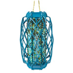 Isolated front view of a blue Rescue! Fly Trapstik hanging by yellow cords, showing adhesive core with trapped flies