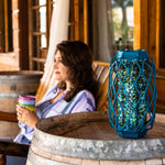 Blue Rescue! Fly Trapstik sitting on a wooden barrel on a porch with a blurred person in the background