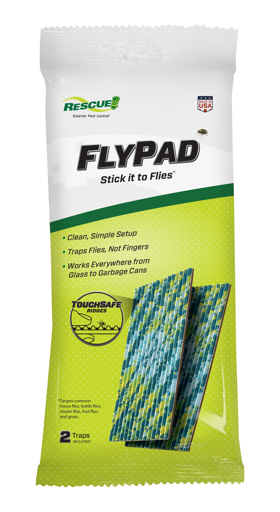 RESCUE! FlyPad retail pouch showing branding, product name and illustrated sticky ridged fly traps on green packaging