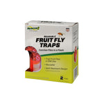 Studio product shot of the RESCUE reusable fruit fly traps retail box with a cutaway showing the red trap