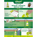 Instructional infographic titled ‘How to use RESCUE! Japanese Beetle Trap’ showing setup, hang location and refill guidance