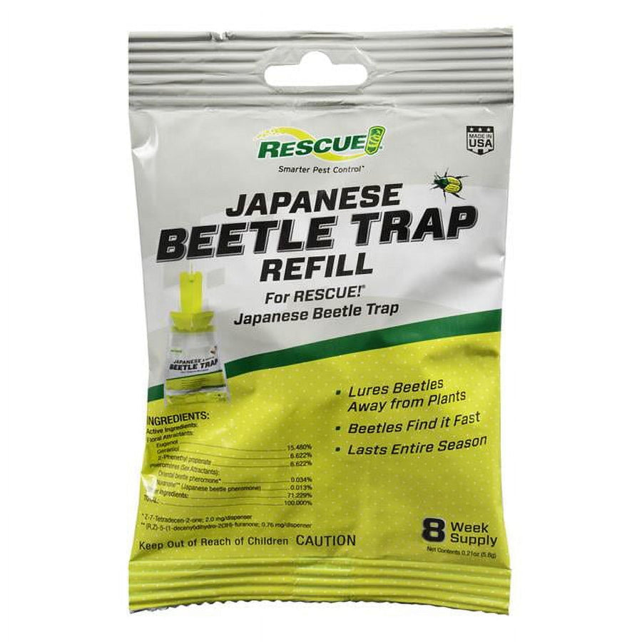 RESCUE! branded Japanese Beetle Trap refill pouch with green-yellow design and product text on white background