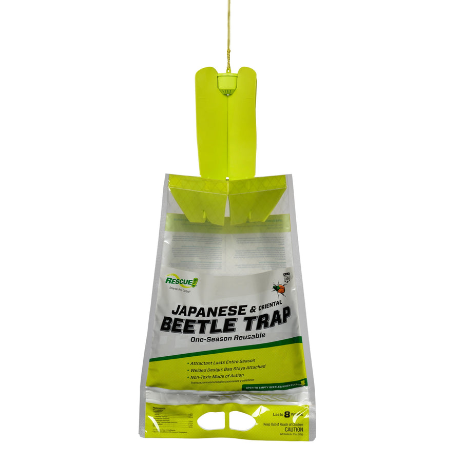 Hanging RESCUE! Japanese & Oriental Beetle Trap in white and bright green packaging against white background