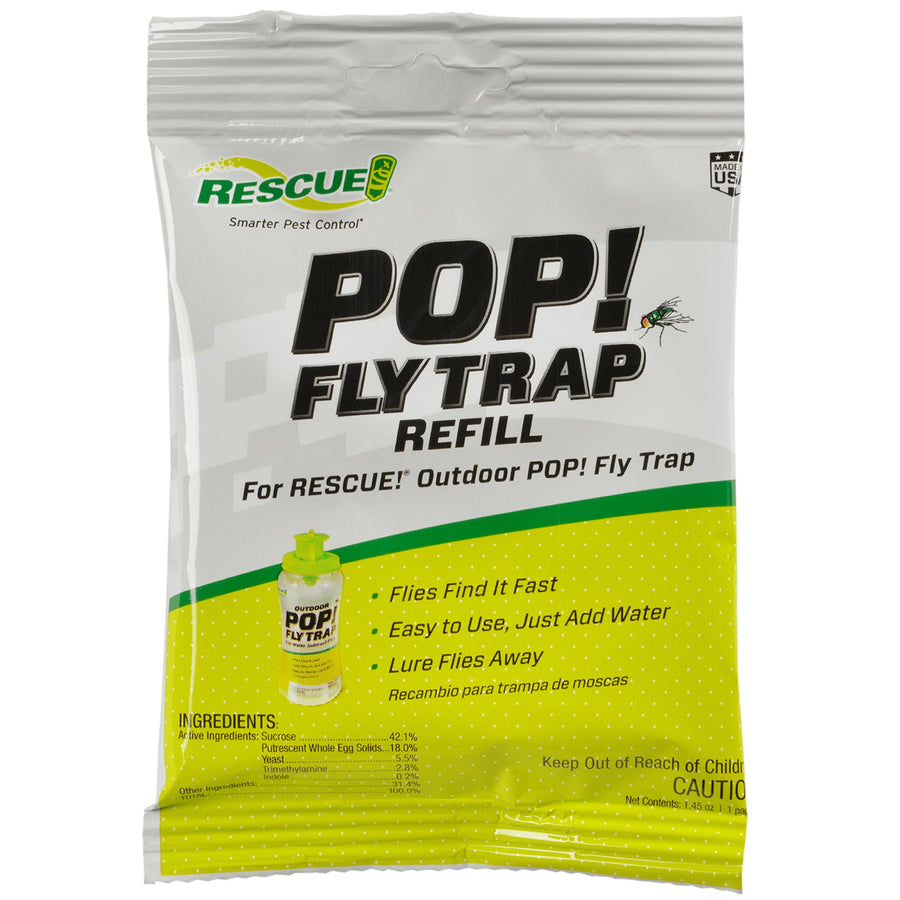 Front of a RESCUE! POP! Fly Trap refill packet with green and yellow packaging and product branding