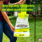 Lifestyle shot of a person hanging a RESCUE! Japanese beetle trap from a shepherd hook with overlay advising where to hang
