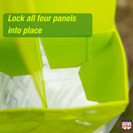 Close-up view inside the trap showing interlocking lime green panels with text overlay ‘Lock all four panels into place’