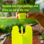 Hand placing a small green lure piece onto the top of the lime-green trap with overlay text instructing lure placement
