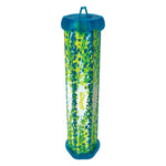 Cylindrical RESCUE! TrapStik fly trap with blue end caps and mosaic green patterned adhesive surface against white background