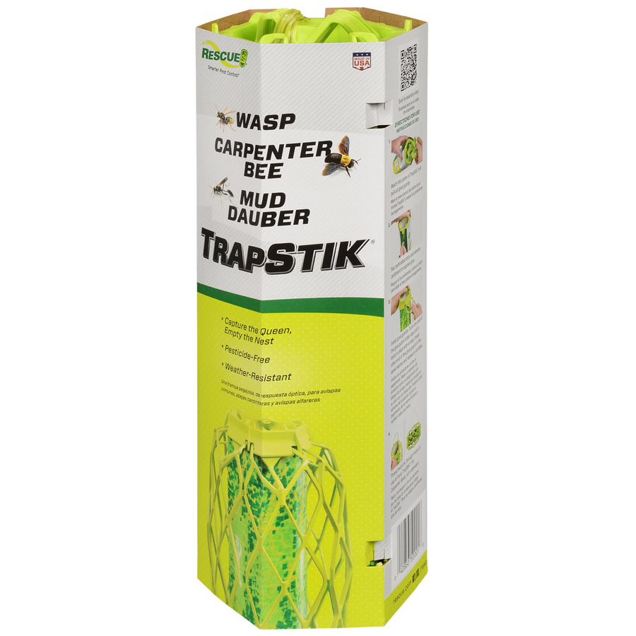 Tall boxed packaging of a RESCUE! TrapStik insect trap showing branding and a green lattice trap image