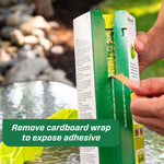 Hands removing cardboard wrap from a TrapStik to expose the adhesive strip, with text overlay instruction