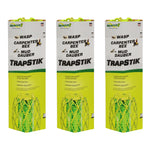 Three boxed RESCUE! TrapStik insect traps in a row showing product name and green adhesive stick graphic
