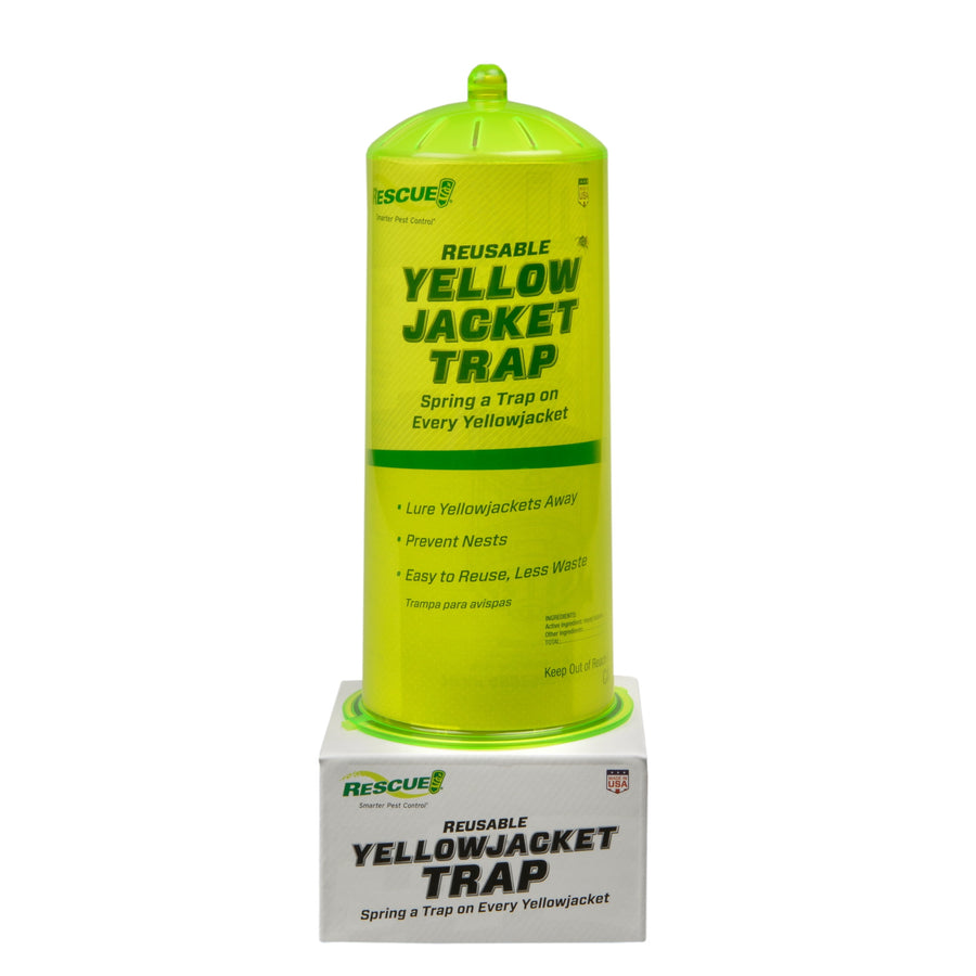 Bright yellow-green RESCUE! reusable Yellowjacket Trap displayed standing on its branded box against a white background.