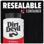 Close-up of Dirt Devil carpet powder bottle cap and upper label with bold overlay text "RESEALABLE CONTAINER" on black background.
