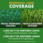 Residential lawn coverage graphic showing photos of northern and southern grass types and coverage square footage text