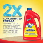 Resolve 2X concentrated message with a red jug of Urine Destroyer and usage claims on a yellow background