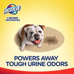 Resolve branded graphic with a bulldog sitting on carpet and text ‘Powers Away Tough Urine Odors’