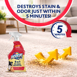 Resolve Pet bottle on carpet with text claiming it destroys stain and odor within five minutes and arrows