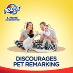 Family and dog sitting on carpet with Resolve Urine Destroyer branding and text ‘Discourages Pet Remarking’