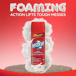Resolve High Traffic Foam can centered with foamy cleaning bubbles and 'Foaming action lifts tough messes' headline