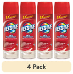 Four red Resolve High Traffic Foam carpet cleaner cans shown side-by-side with carpet area and '4 Pack' label beneath