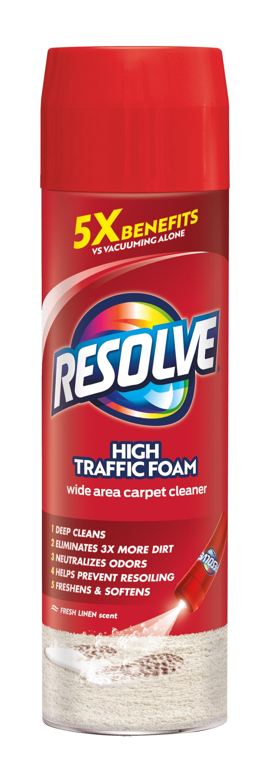 Single tall red can of Resolve High Traffic Foam carpet cleaner with brand logo and product benefits visible