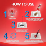 Step-by-step how-to-use infographic showing shaking, spraying foam, working it in, repeating, and vacuuming steps on red background