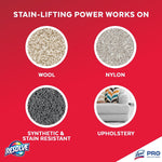 Red infographic panel showing four circular swatches labeled wool, nylon, synthetic & upholstery with Resolve logo