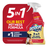 Resolve Pet 5 in 1 Pet Mess Destroyer bottle shown next to bold red infographic text