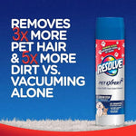 Resolve Pet Expert foam cleaner can beside large text claiming it removes more pet hair and dirt versus vacuuming, on a blue background