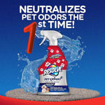 Resolve Pet Expert spray bottle on carpet with water splash background and headline claiming it neutralizes pet odors